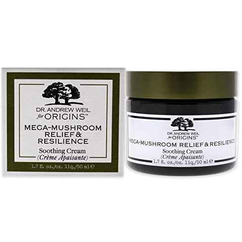 Dr. Andrew Weil Mega-Mushroom Relief & Resilience Soothing Face Cream in a jar with a green label, showcasing its natural ingredients.