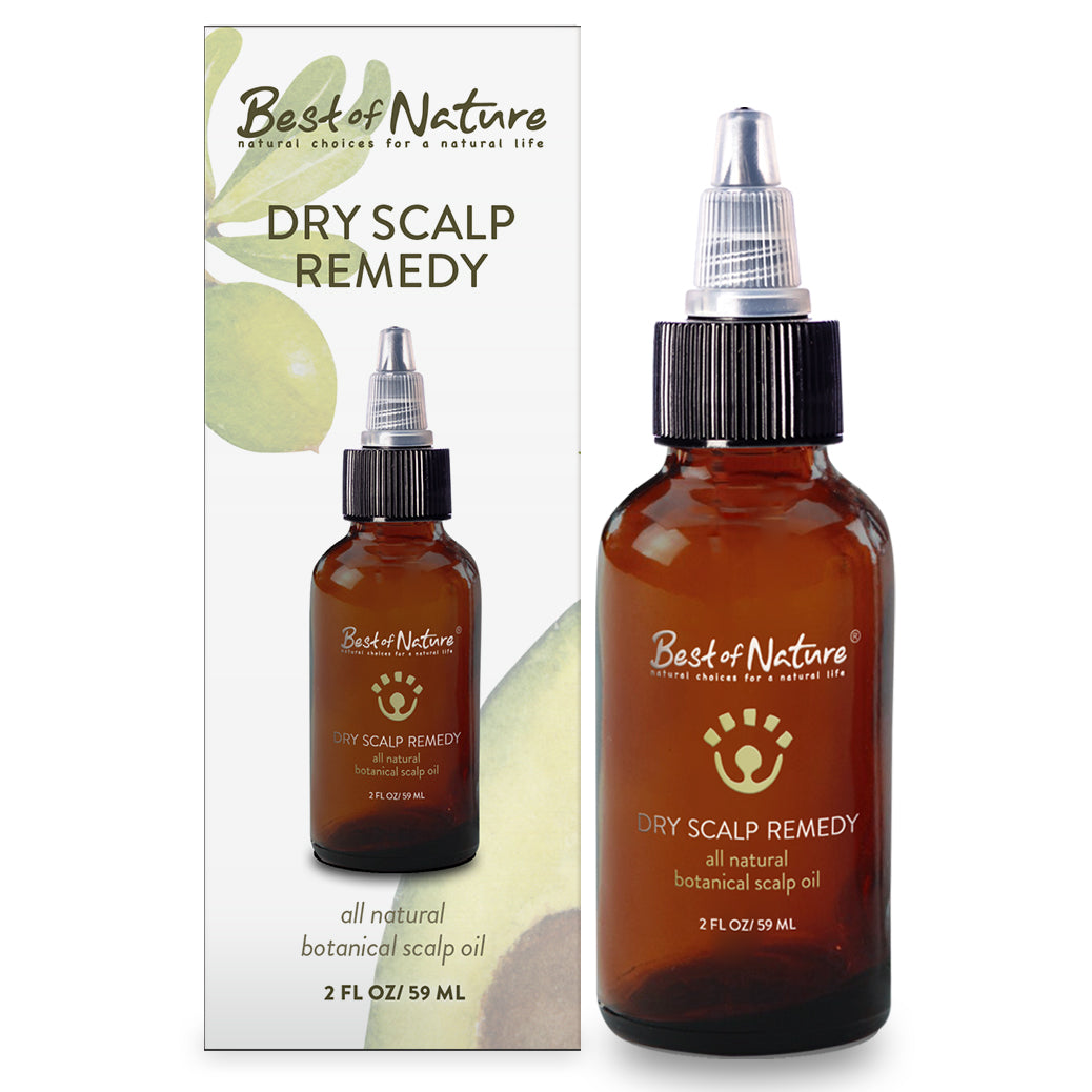 A 2 oz bottle of Best of Nature Dry Scalp Remedy Oil with a blend of natural oils for scalp health.