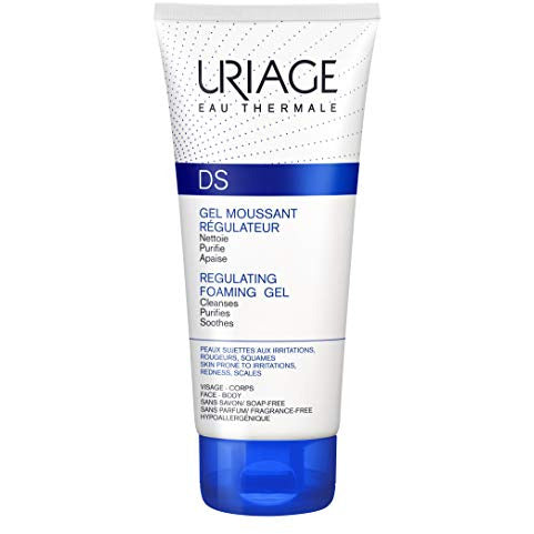 Uriage D.S Anti-Irritation & Redness Foaming Gel in a sleek bottle, designed for soothing sensitive skin.