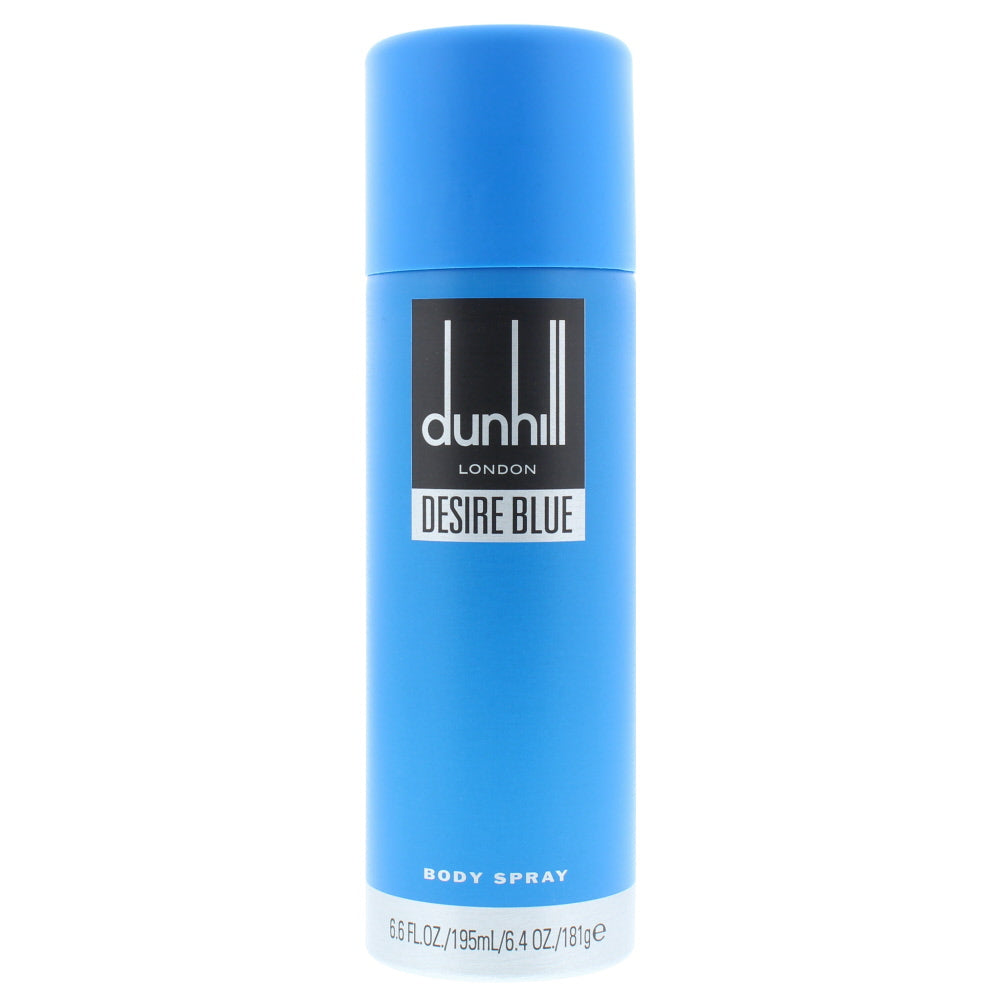 Dunhill Desire Blue Body Spray in a sleek blue bottle, showcasing its modern design and refreshing fragrance.