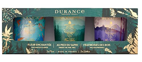 Durance Provence France Candles Gift Set featuring three 75g candles: Under The Pine Tree, Raspberry Of The Woods, and Enchanted Flower, elegantly packaged.