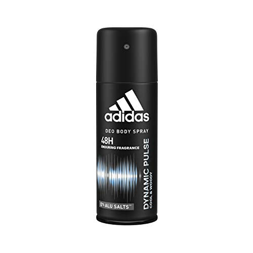 Adidas Dynamic Pulse Deo Body Spray can with a sleek design, showcasing its refreshing scent and energizing appeal.