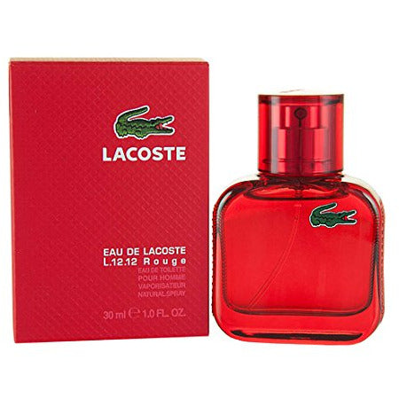 Lacoste Eau de L.12.12 Rouge Eau de Toilette bottle with a vibrant red design, showcasing its sporty and stylish appeal.