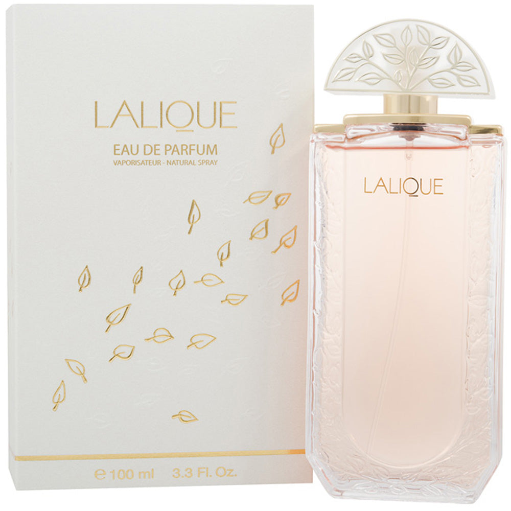 Lalique Eau de Parfum in an elegant glass bottle with intricate design.