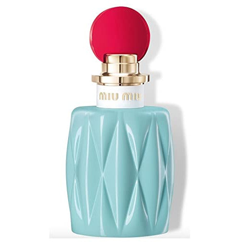 Miu Miu Eau de Parfum bottle with elegant design and floral accents.