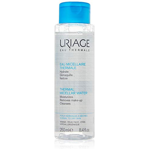 Uriage Eau Micellar Thermale Micellar Water bottle for normal to dry skin, featuring a sleek design and clear liquid.