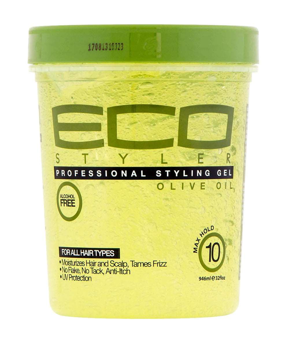 Eco Style Gel in a 32-ounce container with olive oil, designed for maximum hold and moisture for all hair types.