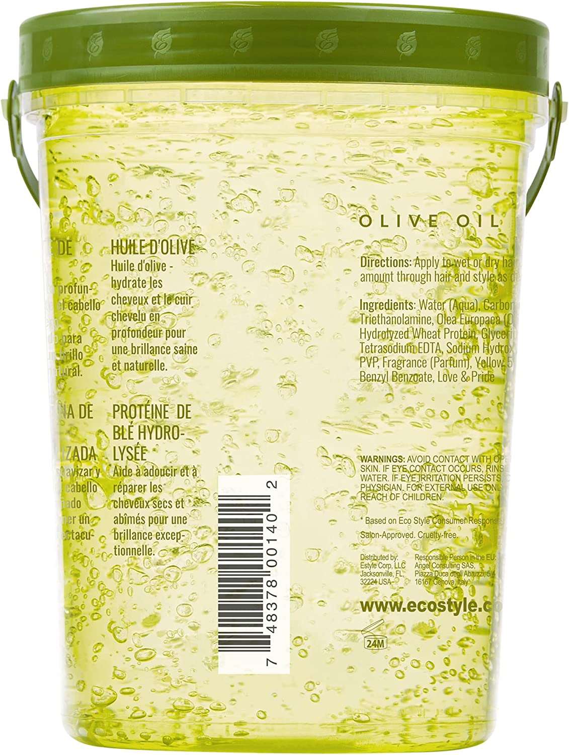 Eco Style Gel in a 32-ounce container with olive oil, designed for maximum hold and moisture for all hair types.