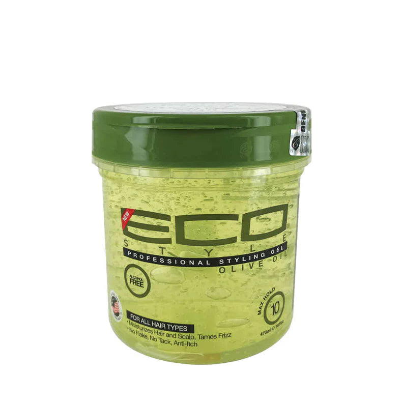 Eco Styler Gel with Olive Oil in a 16oz container, showcasing its sleek design and vibrant label, perfect for all hair types.