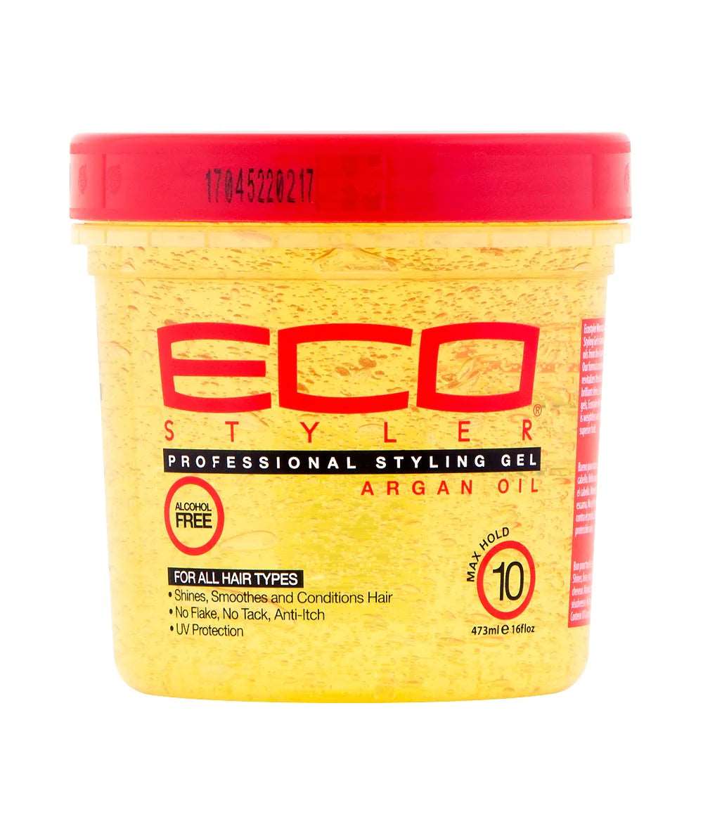 ECO Styling Gel with Argan Oil in a 16 oz container, showcasing its sleek design and vibrant label.