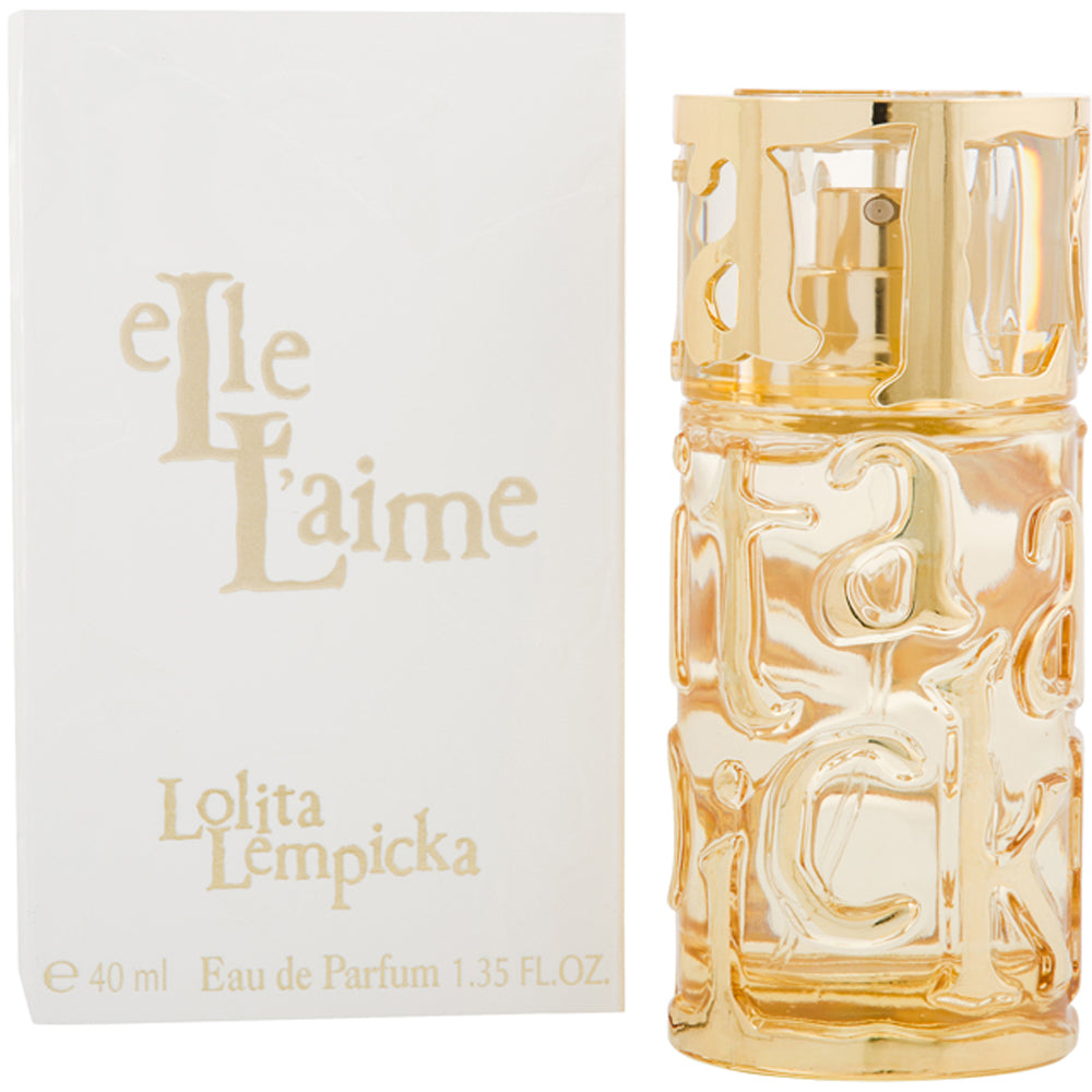 A stylish bottle of Elle L'aime Eau de Parfum by Lolita Lempicka, featuring an elegant design and floral accents.