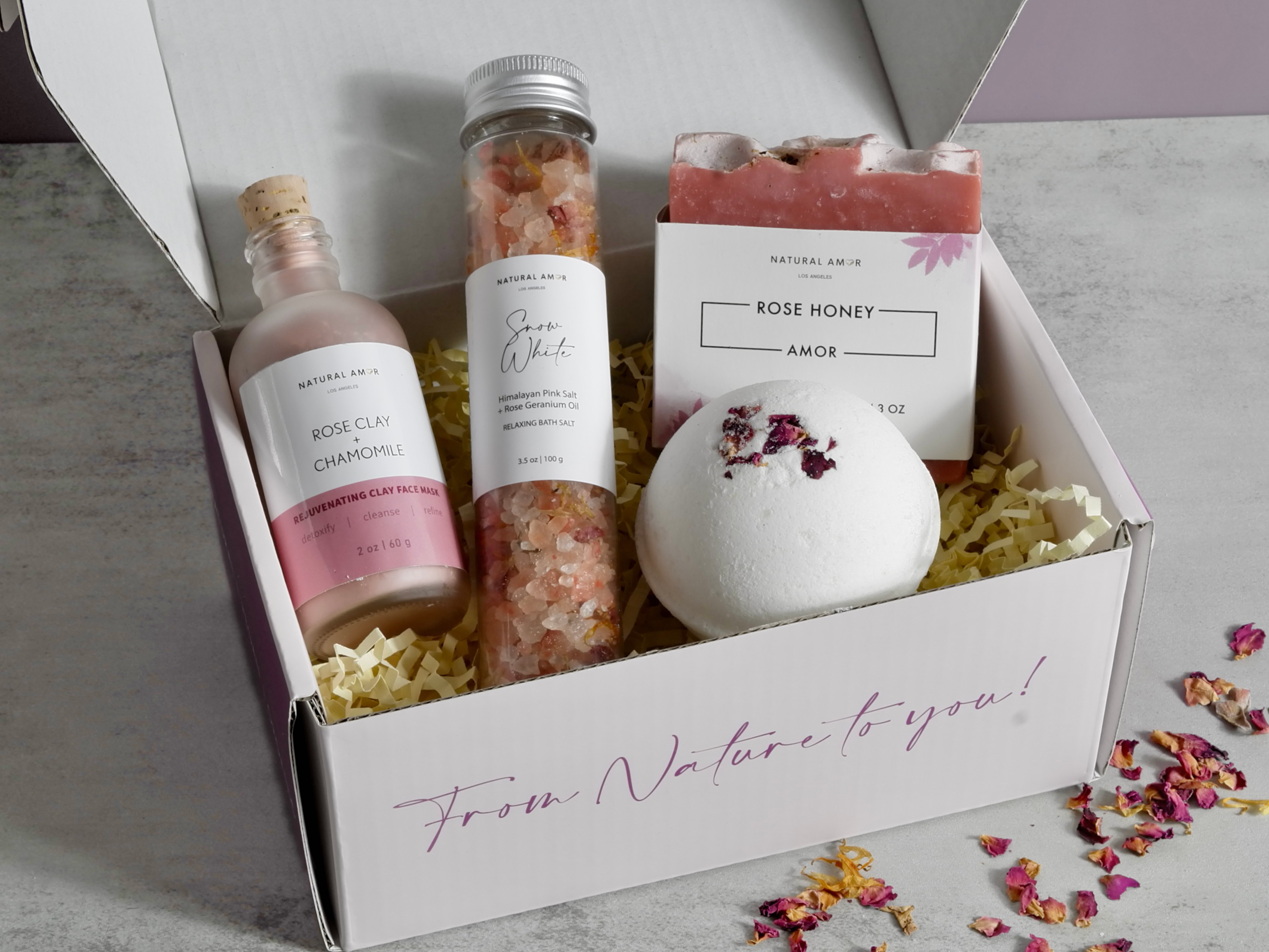 Elegance gift box featuring handmade soap, bath salts, bath bomb, and clay mask, all made with vegan ingredients.