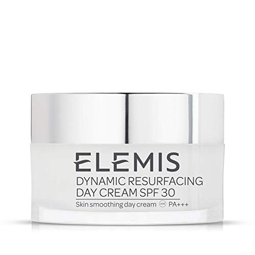 Elemis Dynamic Resurfacing Day Cream SPF 30 in a sleek jar, showcasing its luxurious texture and packaging.