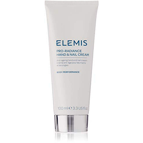 Elemis Pro-Radiance Hand & Nail Cream tube with a sleek design, showcasing its luxurious formula for hand and nail care.