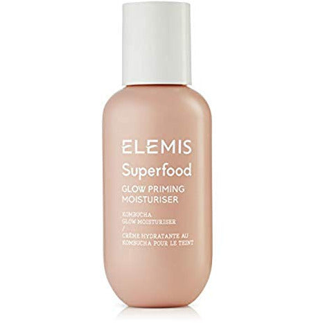 Elemis Superfood Glow Priming Moisturiser in a sleek container, showcasing its vibrant packaging and creamy texture.