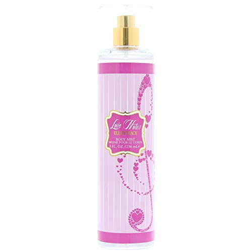 Ellen Tracy Love Notes Body Mist bottle with floral design, showcasing its elegant packaging.