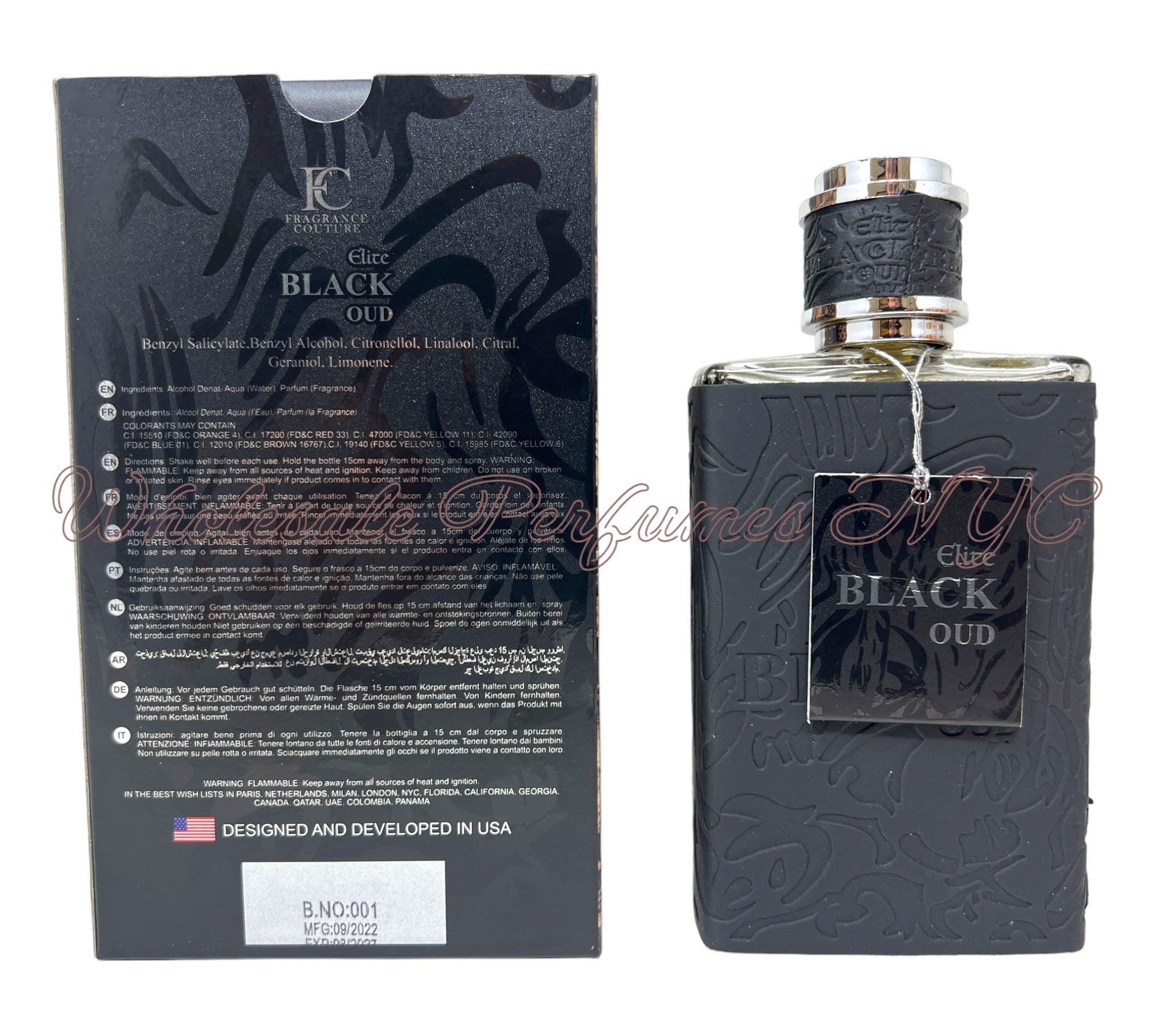 A luxurious bottle of Elite Black Oud for Men Eau de Parfum, showcasing its elegant design and rich fragrance.