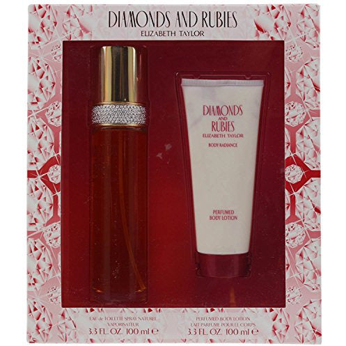 Elizabeth Taylor Diamonds & Rubies Gift Set featuring 100ml EDT and 100ml body lotion in elegant packaging.