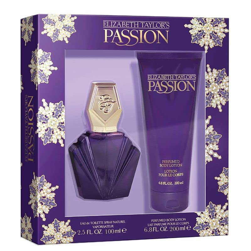 Elizabeth Taylor Passion Gift Set featuring a 44ml EDT bottle and a 200ml body lotion in elegant packaging.