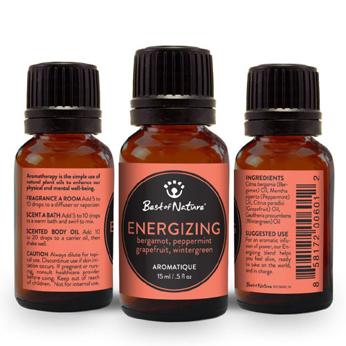 A bottle of Energizing Aromatique essential oil blend featuring Bergamot, Peppermint, Grapefruit, and Wintergreen oils, set against a calming background.