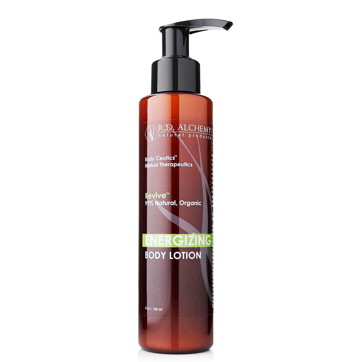 A bottle of Energizing Body Lotion with a vibrant label, showcasing its natural ingredients and energizing properties.