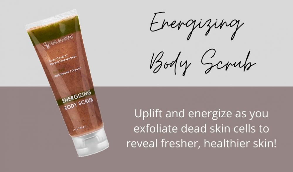 Energizing Body Scrub in a stylish container, showcasing its natural ingredients and vibrant packaging.