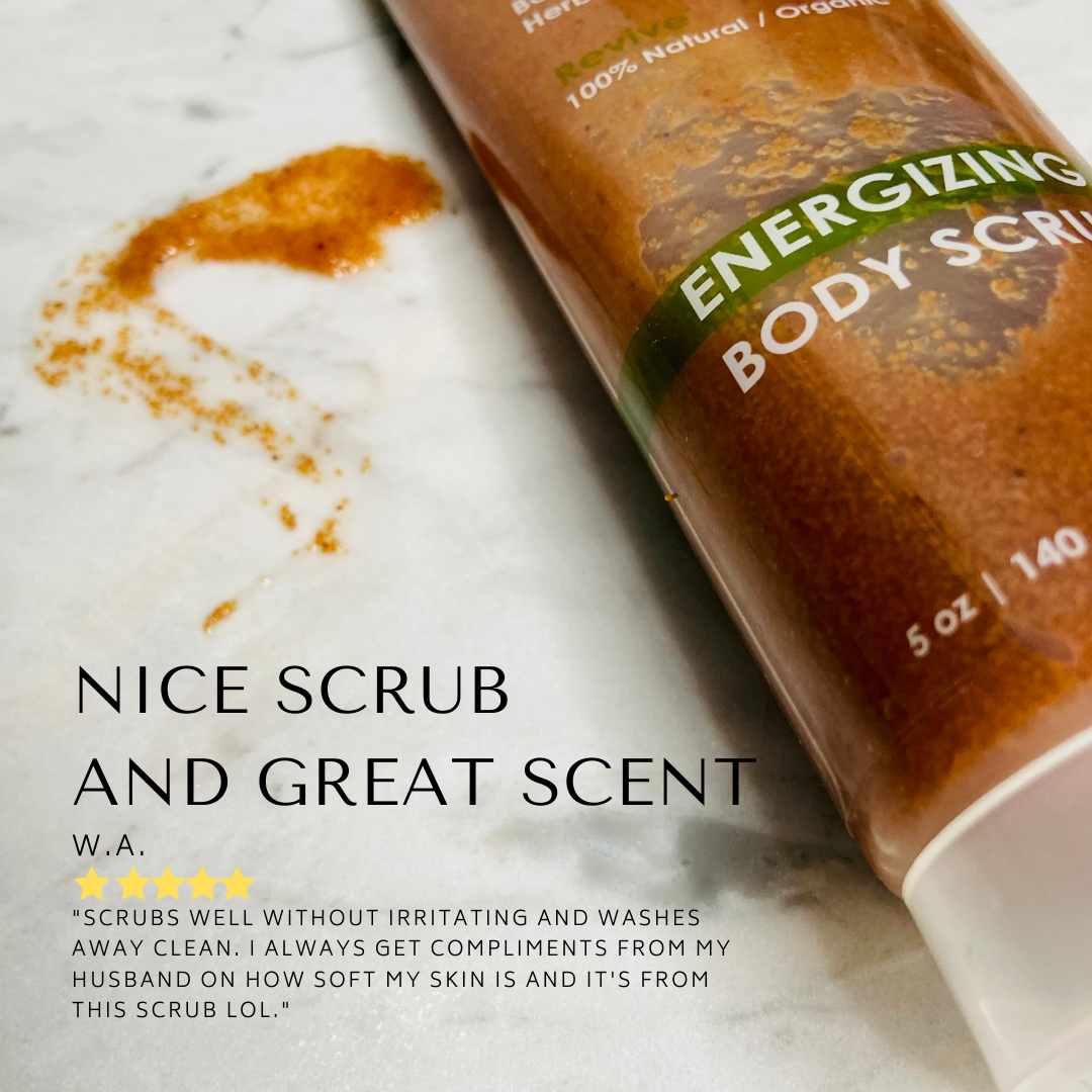 Energizing Body Scrub in a stylish container, showcasing its natural ingredients and vibrant packaging.