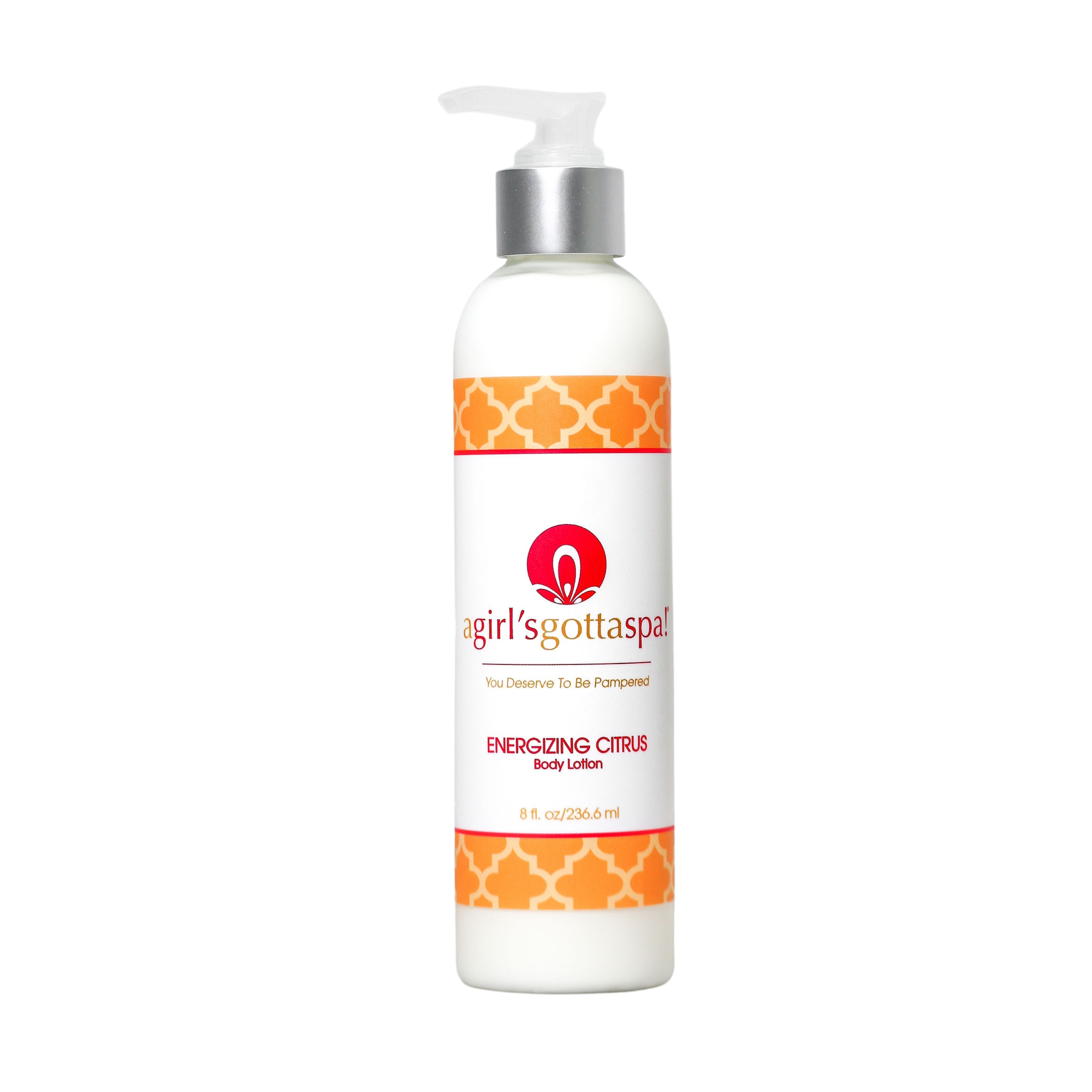 A bottle of Energizing Citrus Body Lotion with a vibrant citrus design, showcasing its refreshing and hydrating properties.