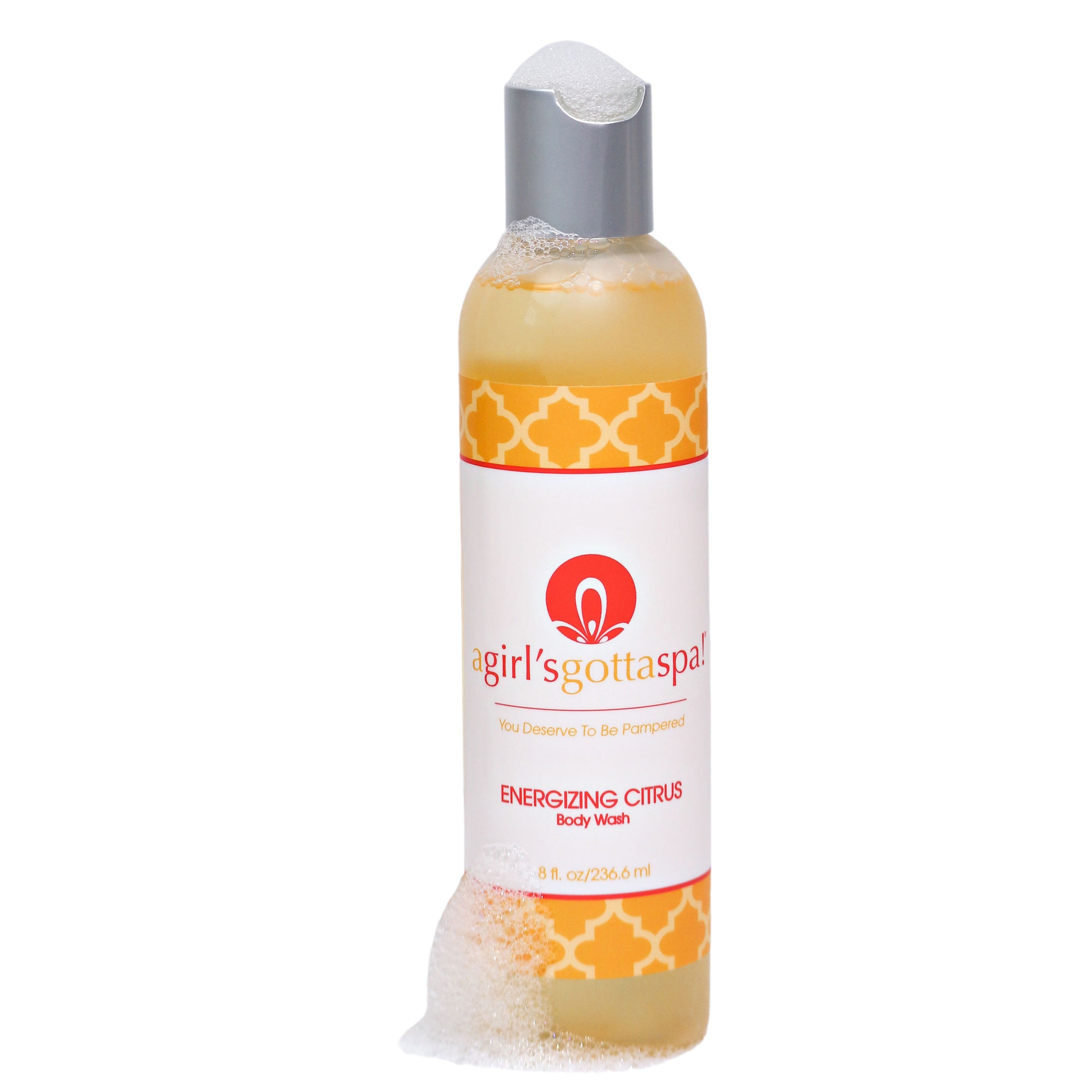 A bottle of A Girl's Gotta Spa! Energizing Citrus Body Wash featuring a vibrant citrus design, showcasing its refreshing and hydrating properties.