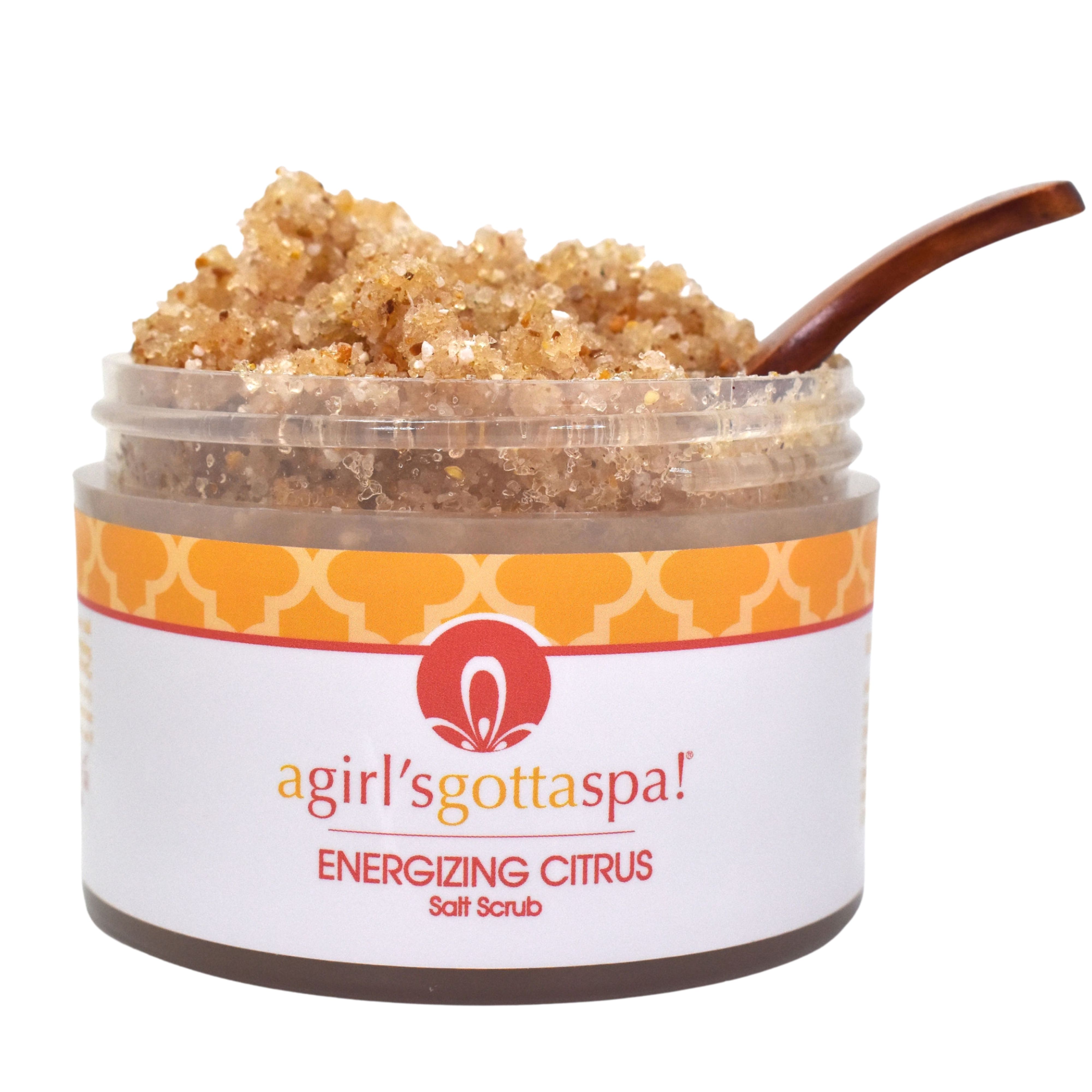 Energizing Citrus Salt Body Scrub in a jar with a wooden spoon, showcasing its vibrant texture and citrus scent.