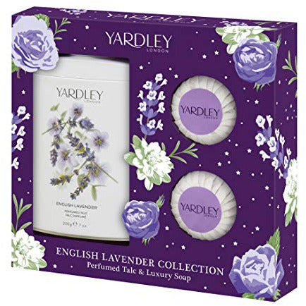 Yardley English Lavender Gift Set featuring 200g perfumed talc and 100g fragranced soap in elegant packaging.