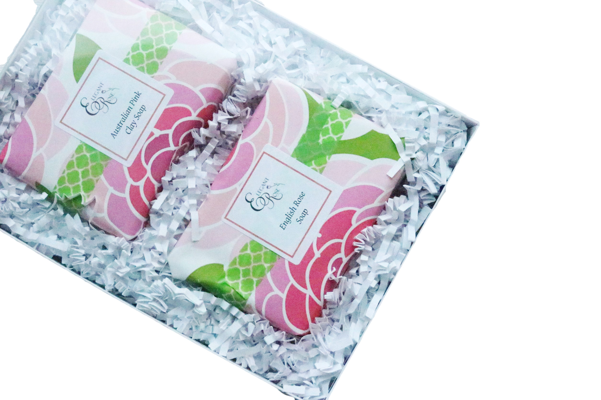 English Rose Gift Set featuring two luxury soaps, beautifully gift-wrapped in an elegant box, showcasing the exquisite rose design.