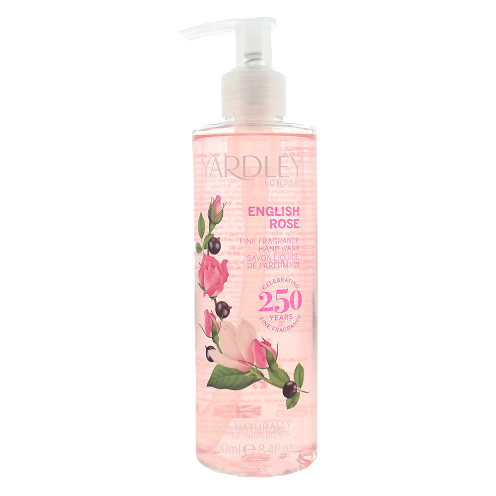 Yardley English Rose Hand Wash bottle with elegant floral design, showcasing its luxurious rose fragrance.