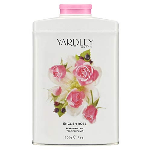 Yardley English Rose Perfumed Talc in elegant packaging, showcasing its floral design and luxurious branding.