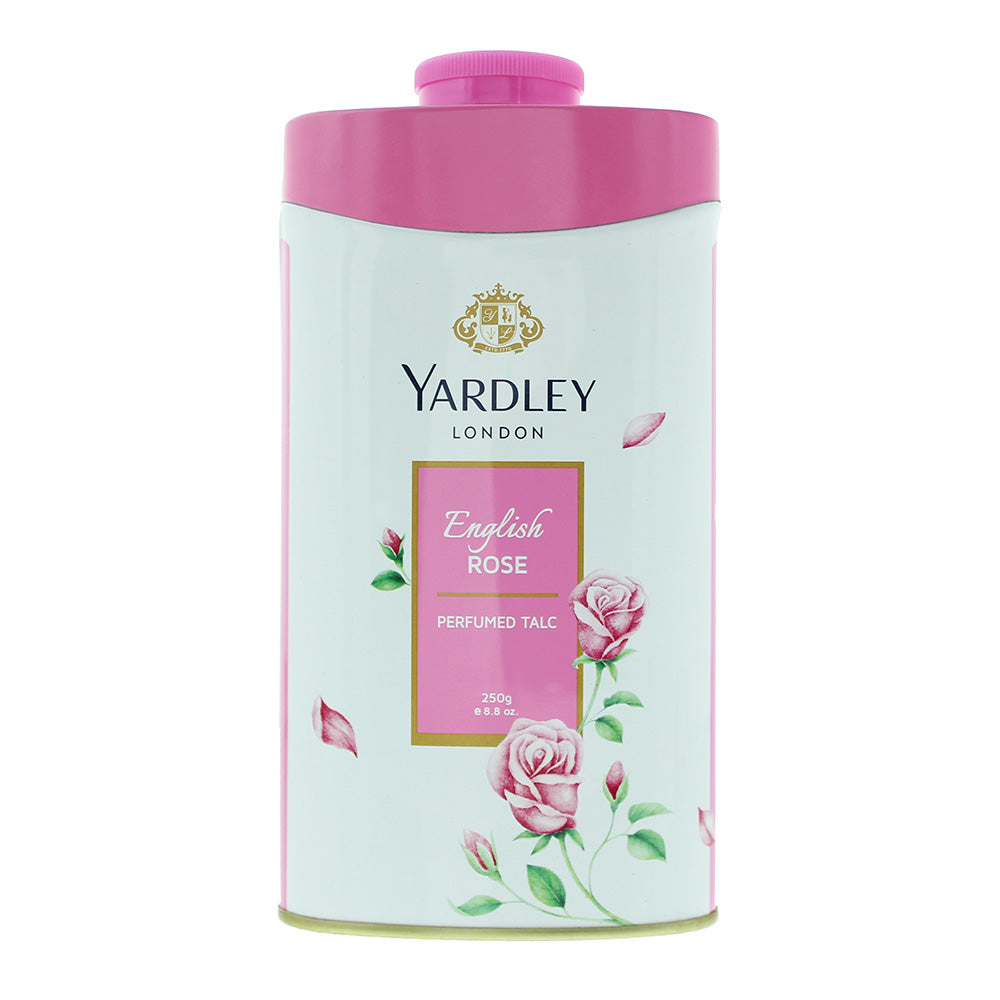 Yardley English Rose Perfumed Talc in elegant packaging, showcasing its floral design and luxurious branding.