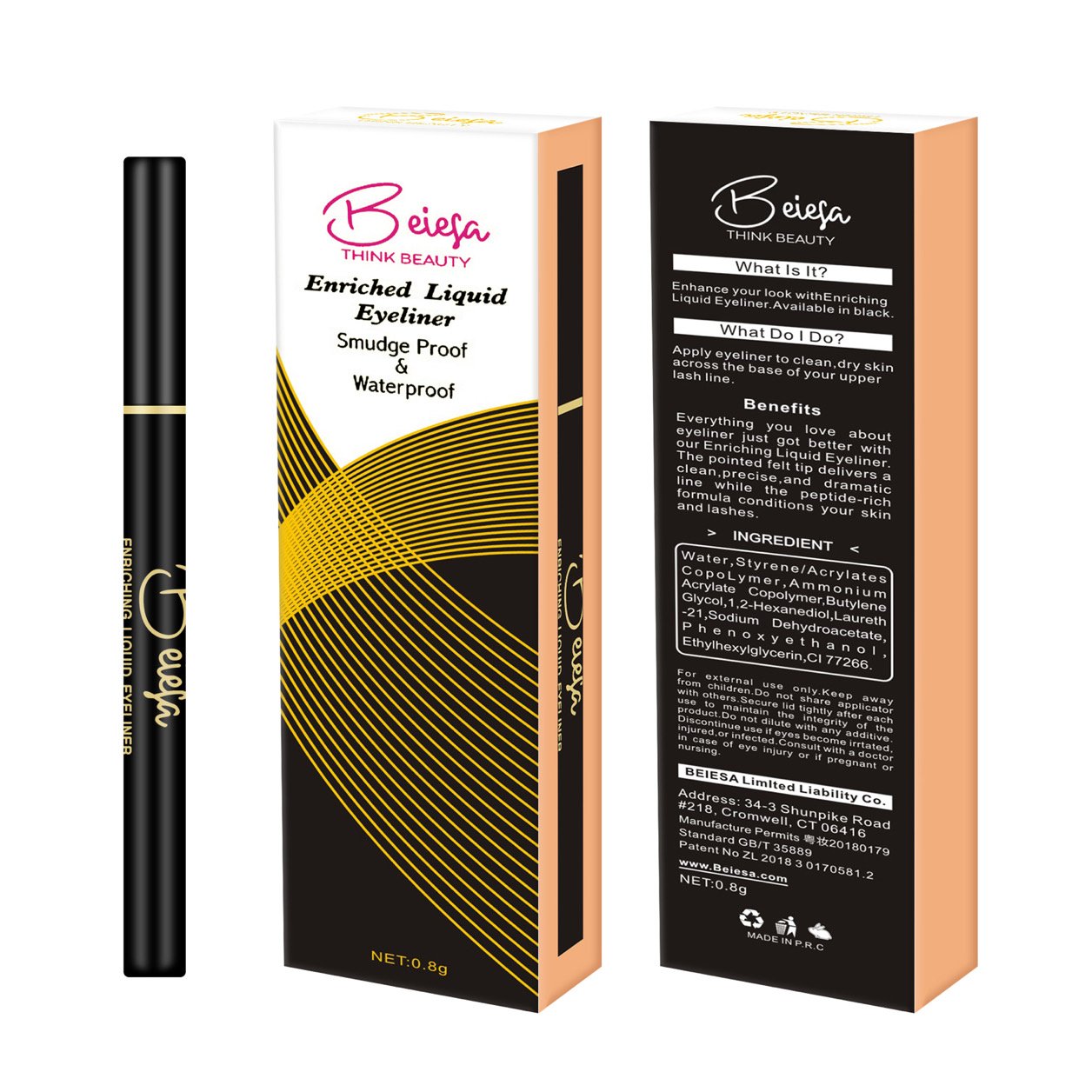 A sleek bottle of Enriched Liquid Eyeliner with a felt tip applicator, showcasing its vegan and cruelty-free features.