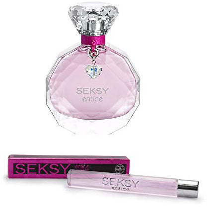 A sleek and elegant bottle of Seksy Entice Eau de Parfum, showcasing its sophisticated design and luxurious appeal.