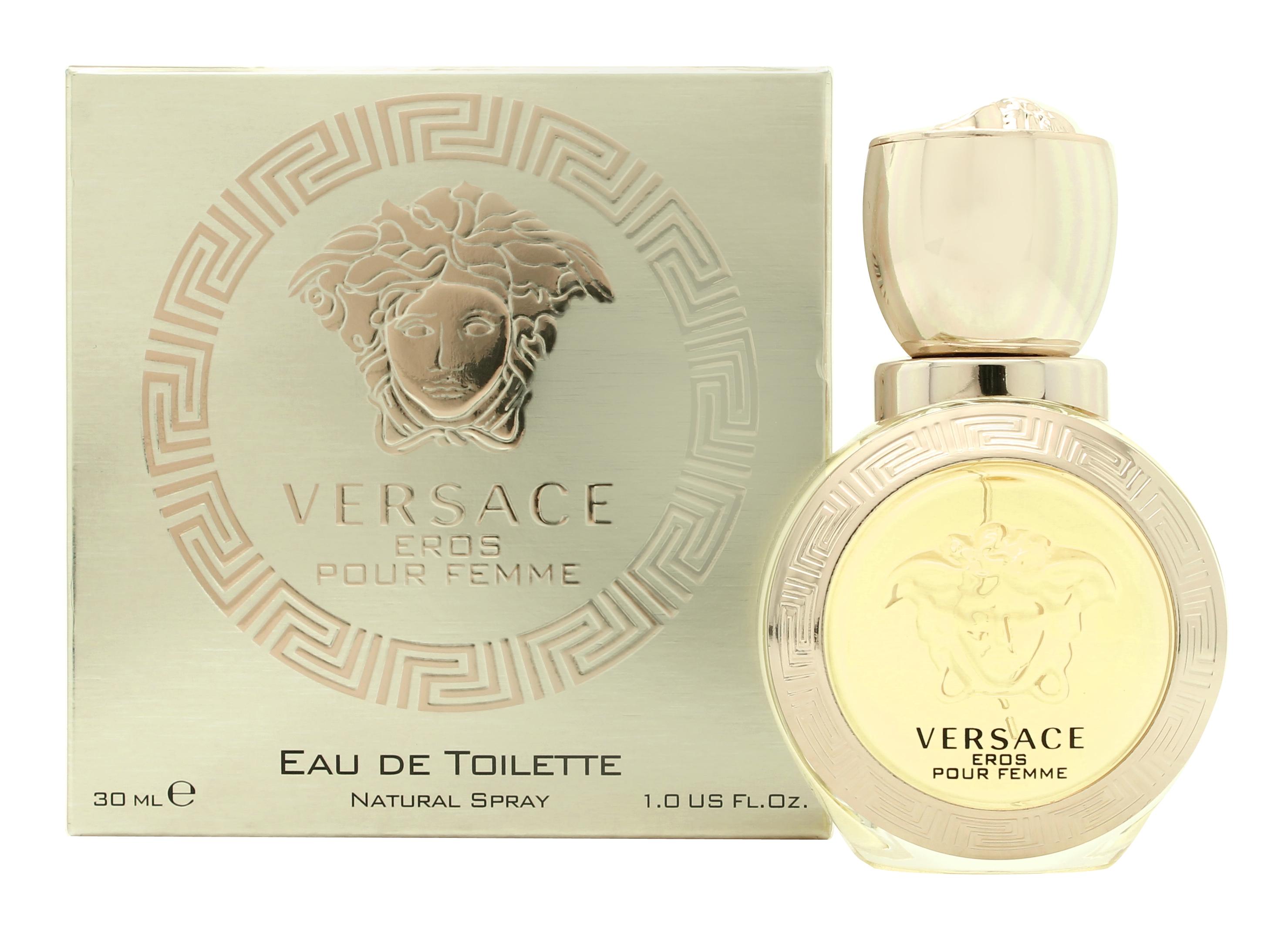 Eros Pour Femme Eau de Toilette by Versace, a floral woody musk fragrance for women, elegantly packaged in a stylish bottle.