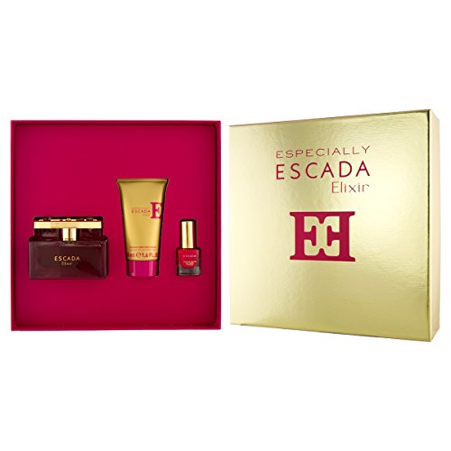 Escada Especially Elixir Gift Set featuring 75ml EDP spray, 50ml body lotion, and 4.5ml nail polish elegantly arranged in a gift box.