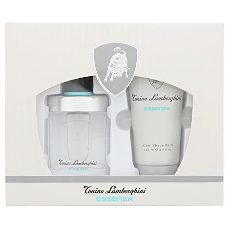 Lamborghini Essenza Gift Set featuring a 40ml EDT bottle and a 100ml Aftershave Balm in elegant packaging.