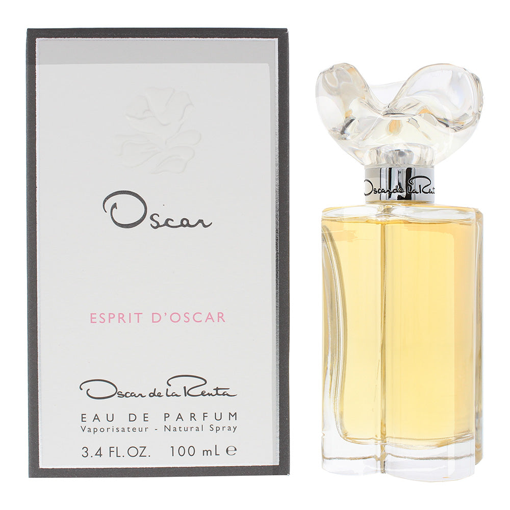 Esprit d'Oscar Eau de Parfum by Oscar de la Renta in an elegant bottle with floral design.