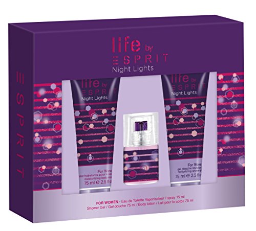 Esprit Night Light Gift Set featuring 15ml EDT, 75ml shower gel, and 75ml body lotion in elegant packaging.