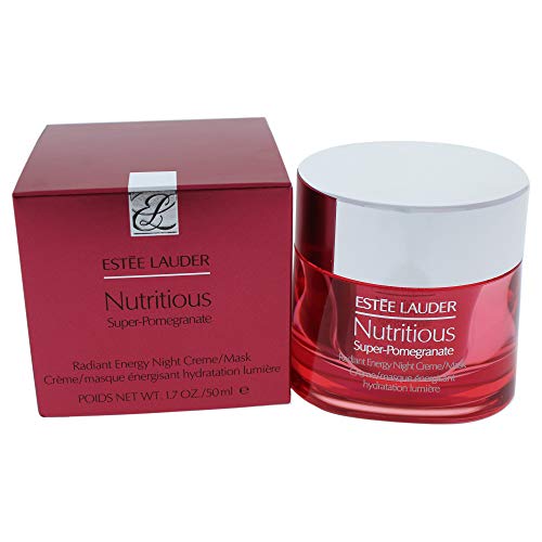 Estée Lauder Nutritious Super-Pomegranate Radiant Energy Night cream in a sleek jar, showcasing its rich texture and vibrant packaging.