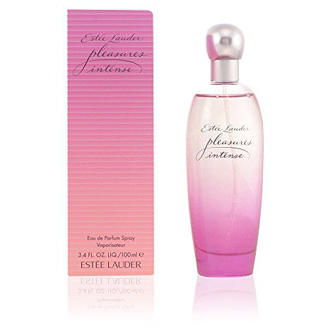 A sleek bottle of Estée Lauder Pleasures Intense Eau de Parfum with floral design, showcasing elegance and sophistication.