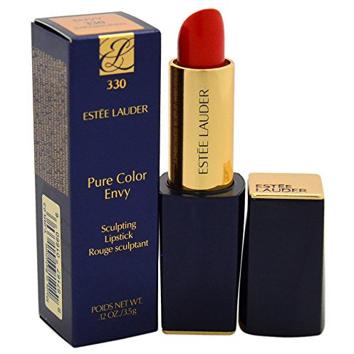 Estee Lauder Pure Color Envy Lipstick Rouge in Impassioned, showcasing its vibrant red color and elegant packaging.