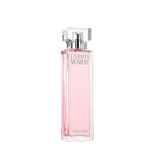 Bottle of Calvin Klein Eternity Moment Eau de Parfum with floral design.