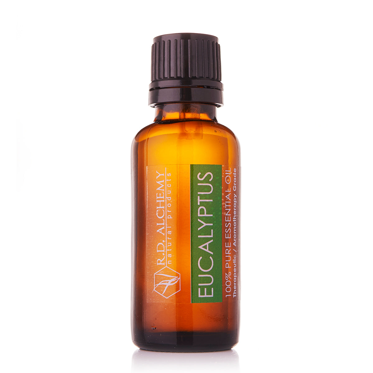 A bottle of 100% pure eucalyptus essential oil with a green label, surrounded by eucalyptus leaves, showcasing its natural and therapeutic qualities.