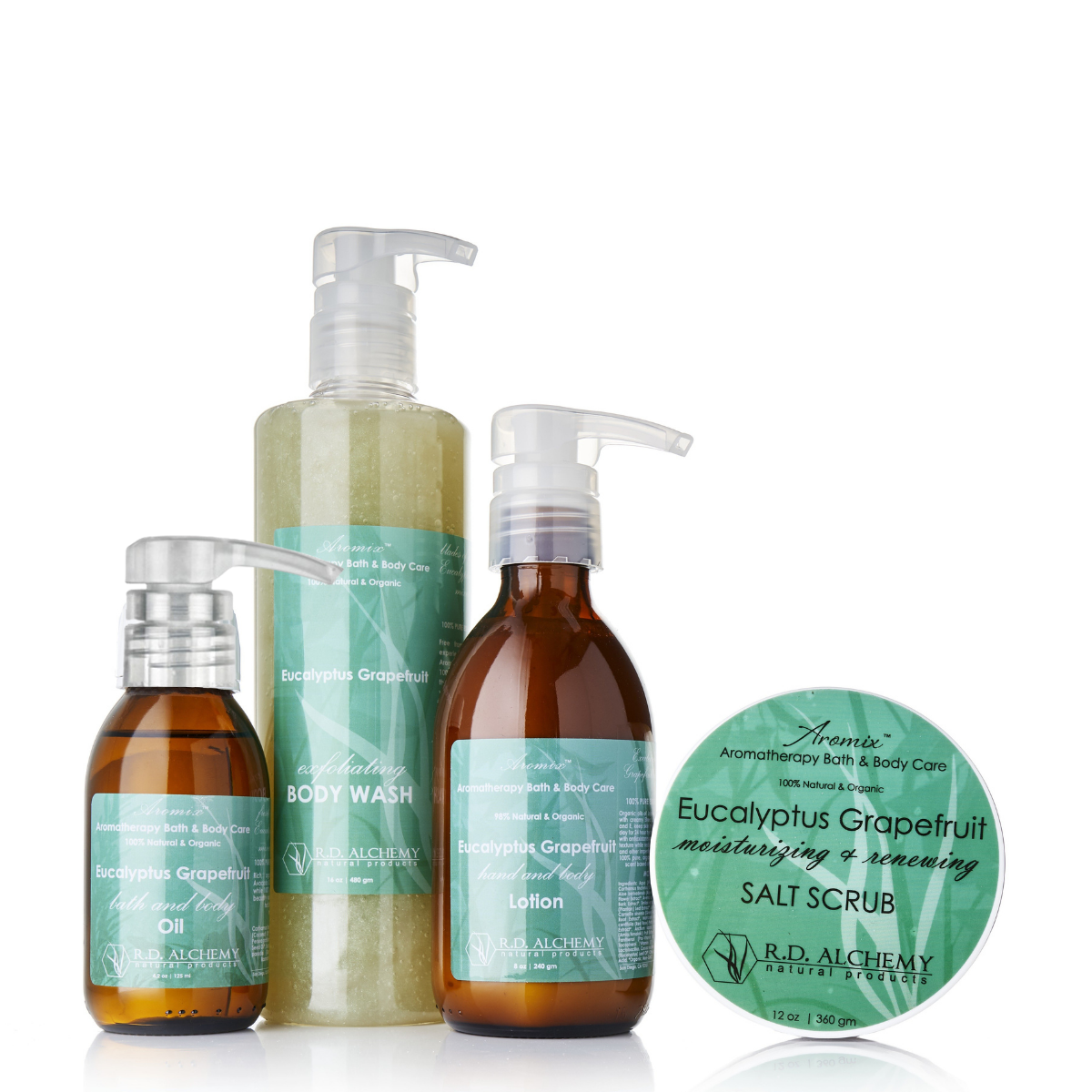 Eucalyptus Grapefruit Body Care Set featuring body wash, scrub, lotion, and butter in eco-friendly packaging.