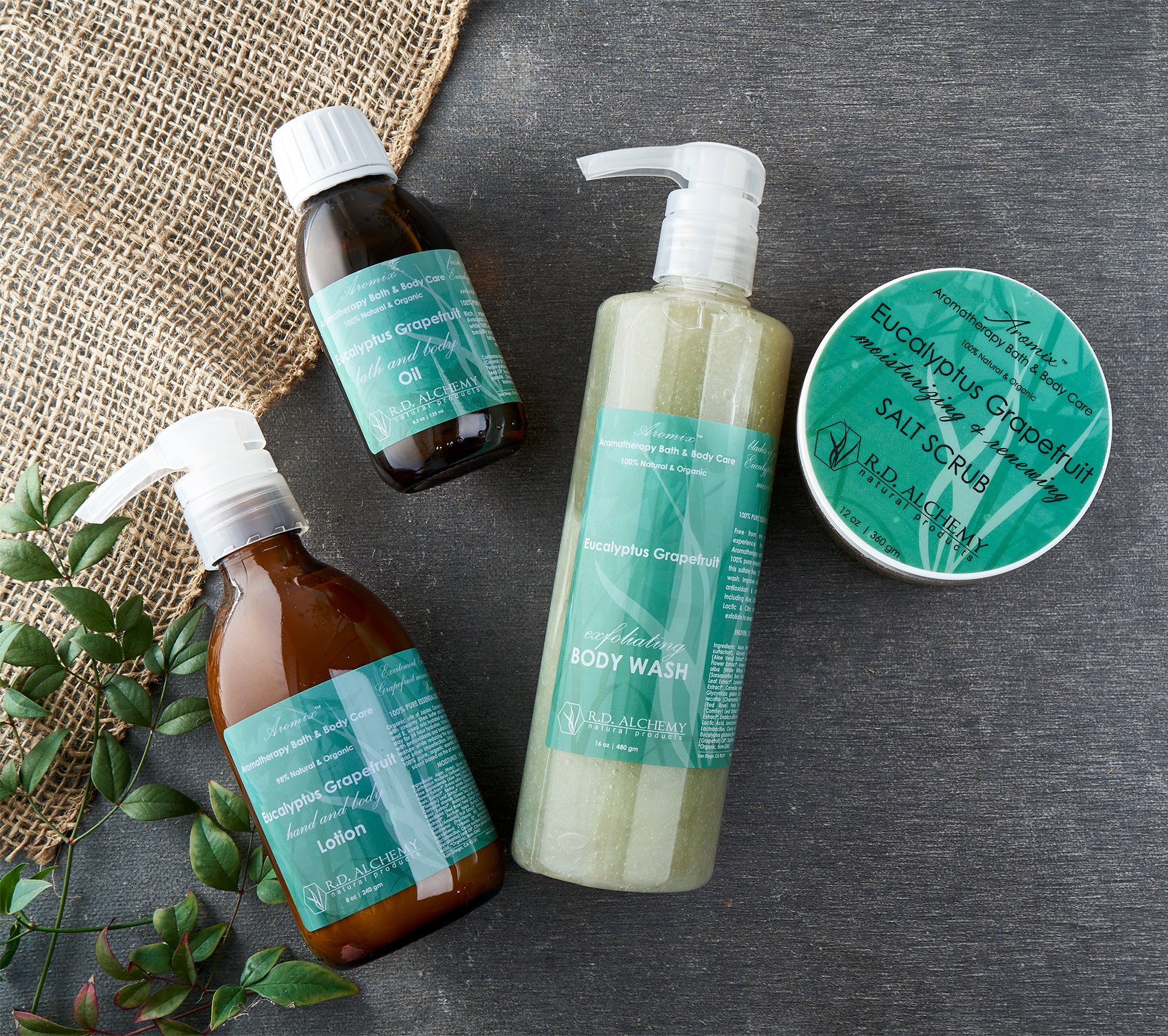 Eucalyptus Grapefruit Body Care Set featuring body wash, scrub, lotion, and butter in eco-friendly packaging.