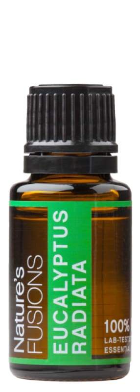 15ml bottle of Eucalyptus Radiata Pure Essential Oil with eucalyptus leaves in the background, showcasing its natural origin.